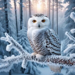 Snowy owl perched on a tree branch in a snowy forest, staring forward with golden eyes.