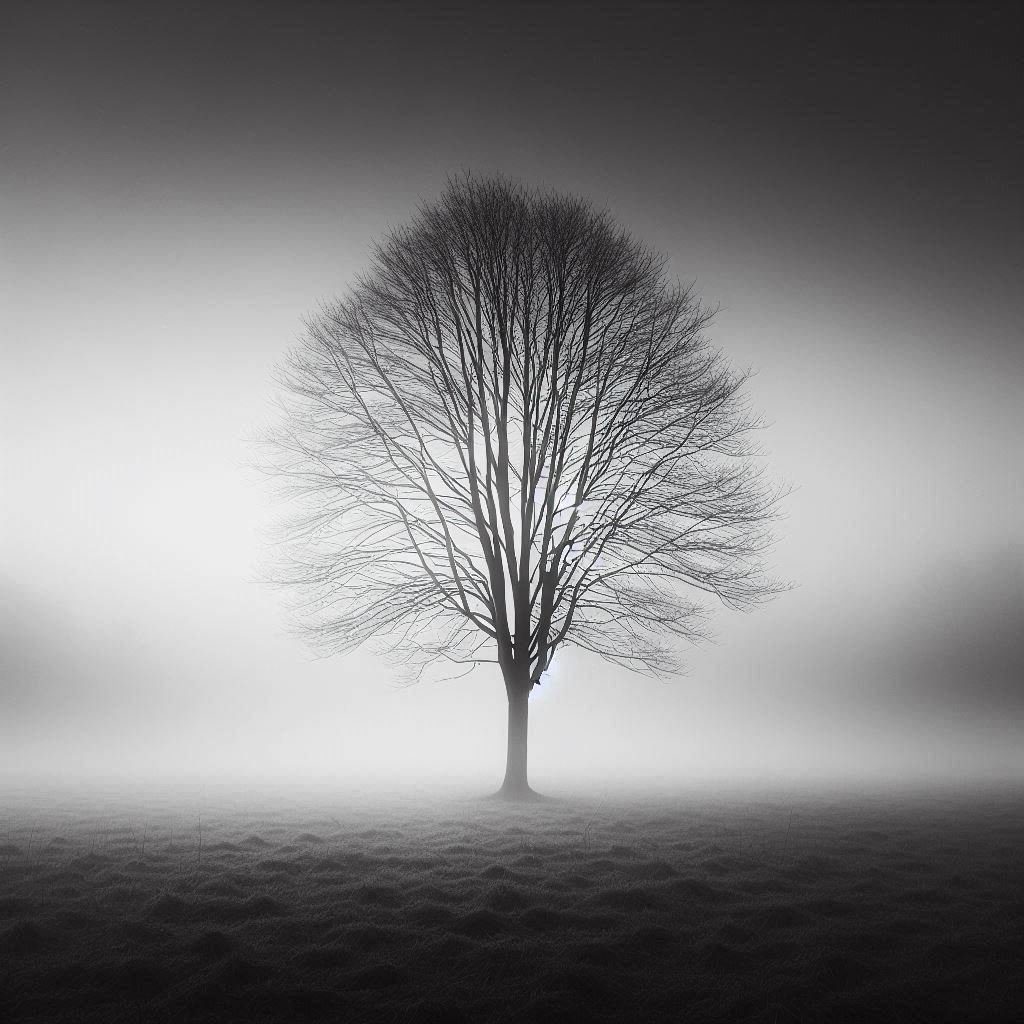 A lone, skeletal tree emerges from a veil of thick mist, its branches reaching silently into the pale sky. The surrounding field fades into obscurity, evoking stillness and solitude in this haunting monochrome moment.
