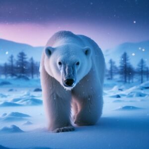 A polar bear walking across snowy terrain under a twilight sky, with visible breath mist and gently falling snowflakes.