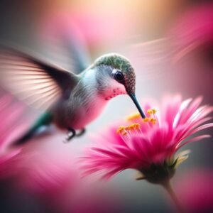 Hummingbird hovering mid-air while feeding from a pink flower, wings in motion blur.