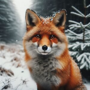 Red fox sitting in the snow-covered forest with snowflakes on its fur and a focused gaze.