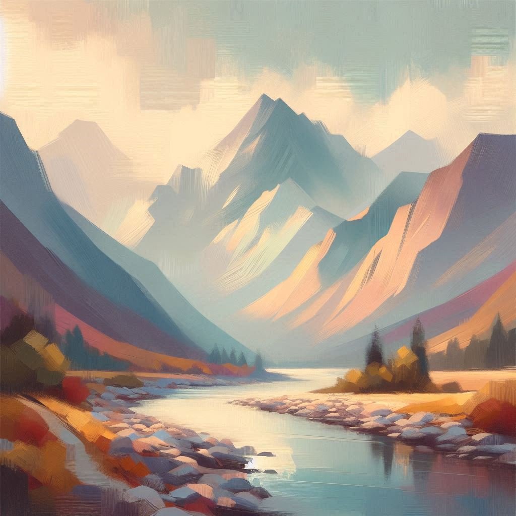 a magnificent river in and abtract scene with mountains