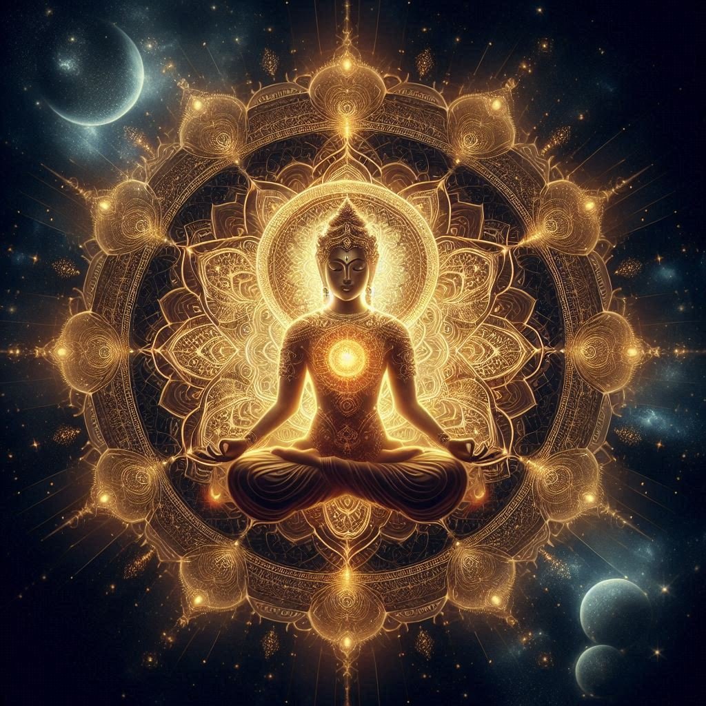 Divine Art and Iconography - A glowing celestial deity seated in lotus position, surrounded by an intricate golden mandala, with radiant light beams emanating from the center, floating in a starry cosmic void