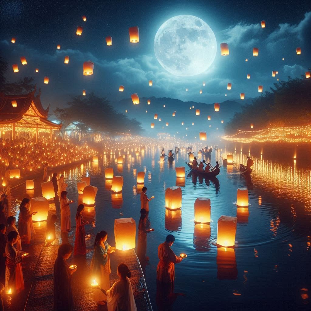 Rituals and Worship Scenes during a traditional Asian lantern festival, hundreds of floating lanterns drifting on water, people in ceremonial attire bowing and releasing lanterns, soft candlelight reflections, glowing ancestral altars nearby