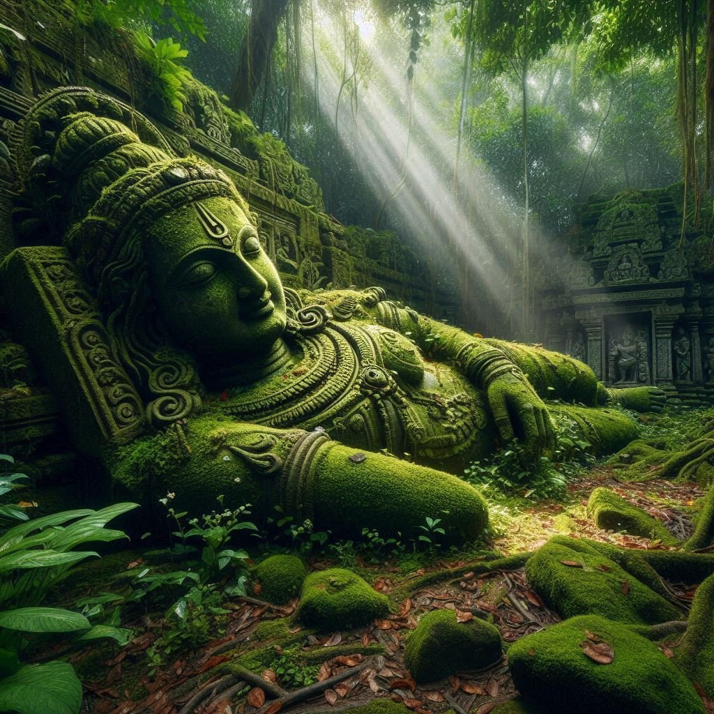 Ancient Sculptures and Deities - A moss-covered stone sculpture of Lord Vishnu lying in a remote South Indian jungle temple, overgrown with vines and flowers, sunlight piercing through dense green foliage, ancient carvings on surrounding walls