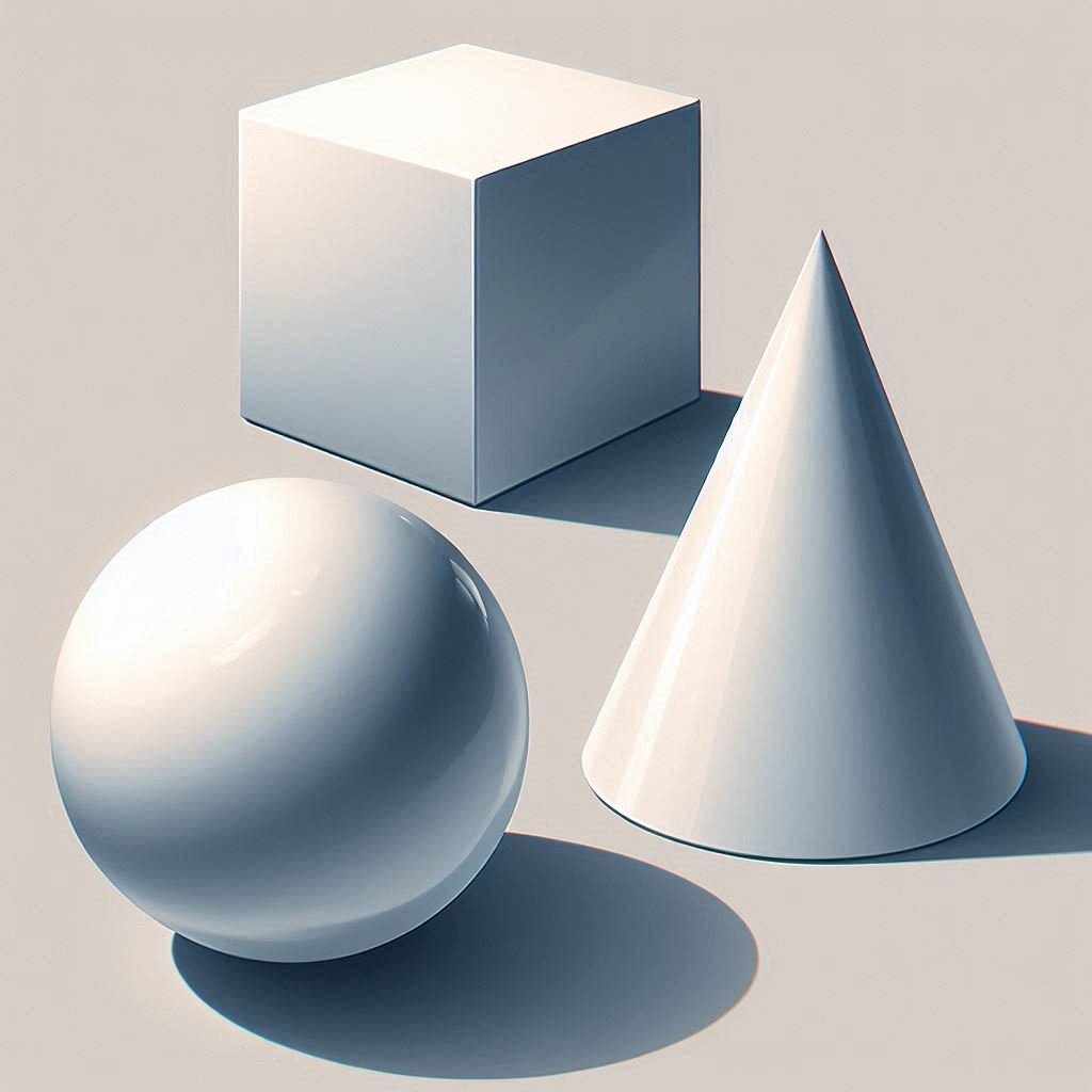 Digital painting of a sphere, cube, and cone with realistic light and shadow