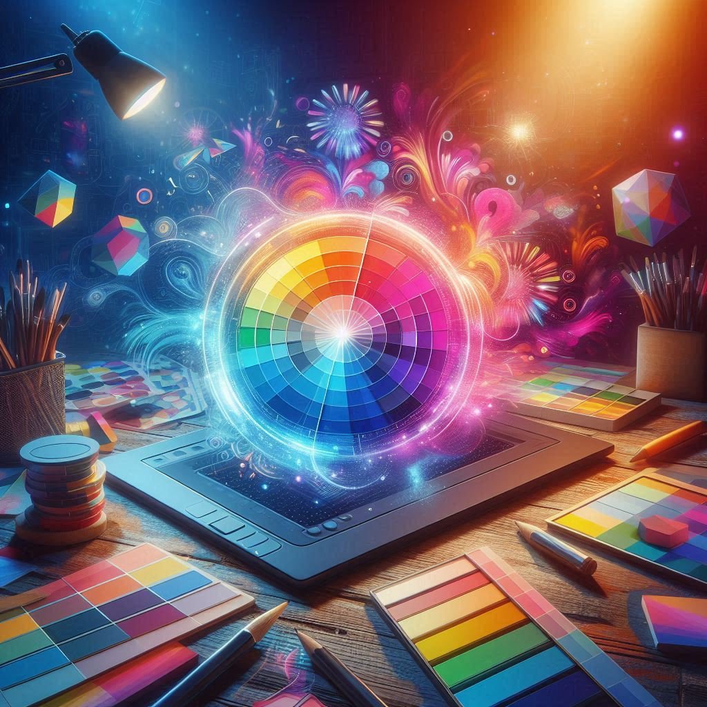digital color theory - Color wheel and gradient palettes on a digital artist’s workspace