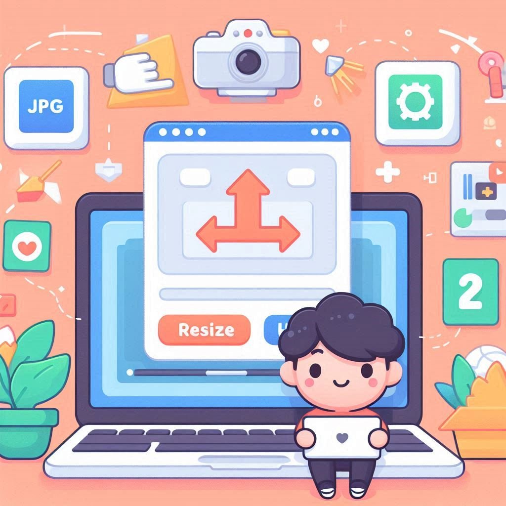 IMAGE RESIZER -Illustration of a user resizing images online with JPG and PNG file icons
