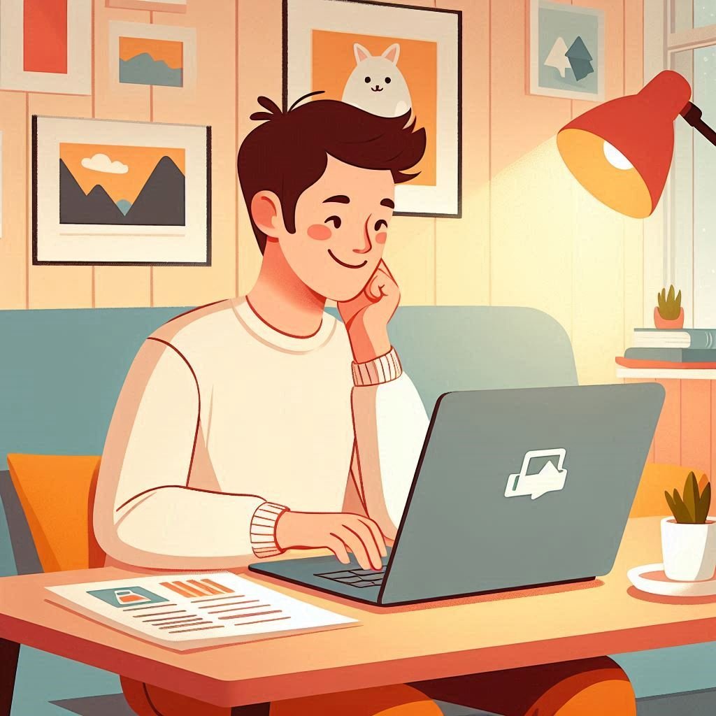 A happy person at a cozy desk converting images to PDF on a laptop in a warm, colorful home office.