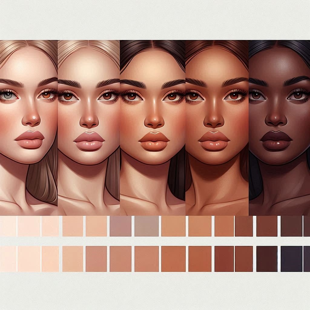 Digital color palette showing diverse realistic skin tone shades for digital art