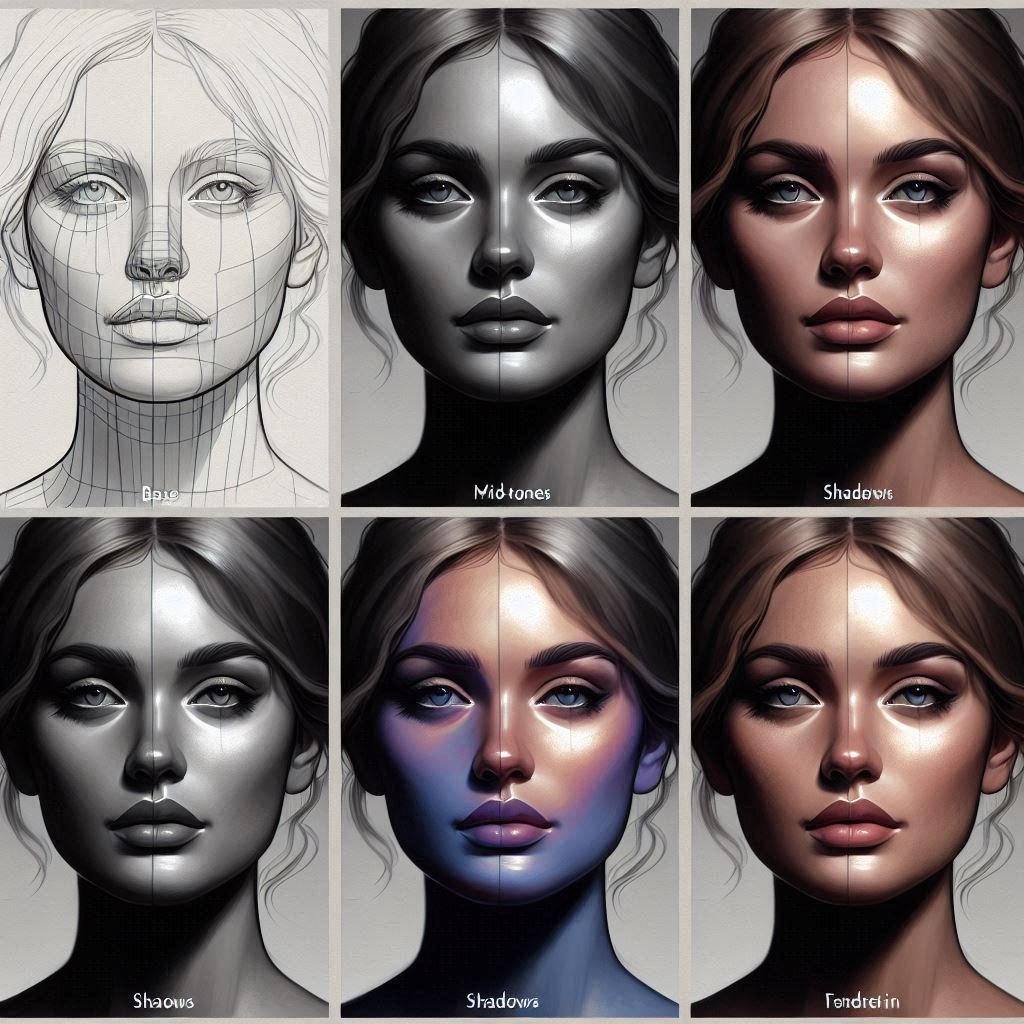 Step-by-step digital painting tutorial showing layers of realistic skin tone application