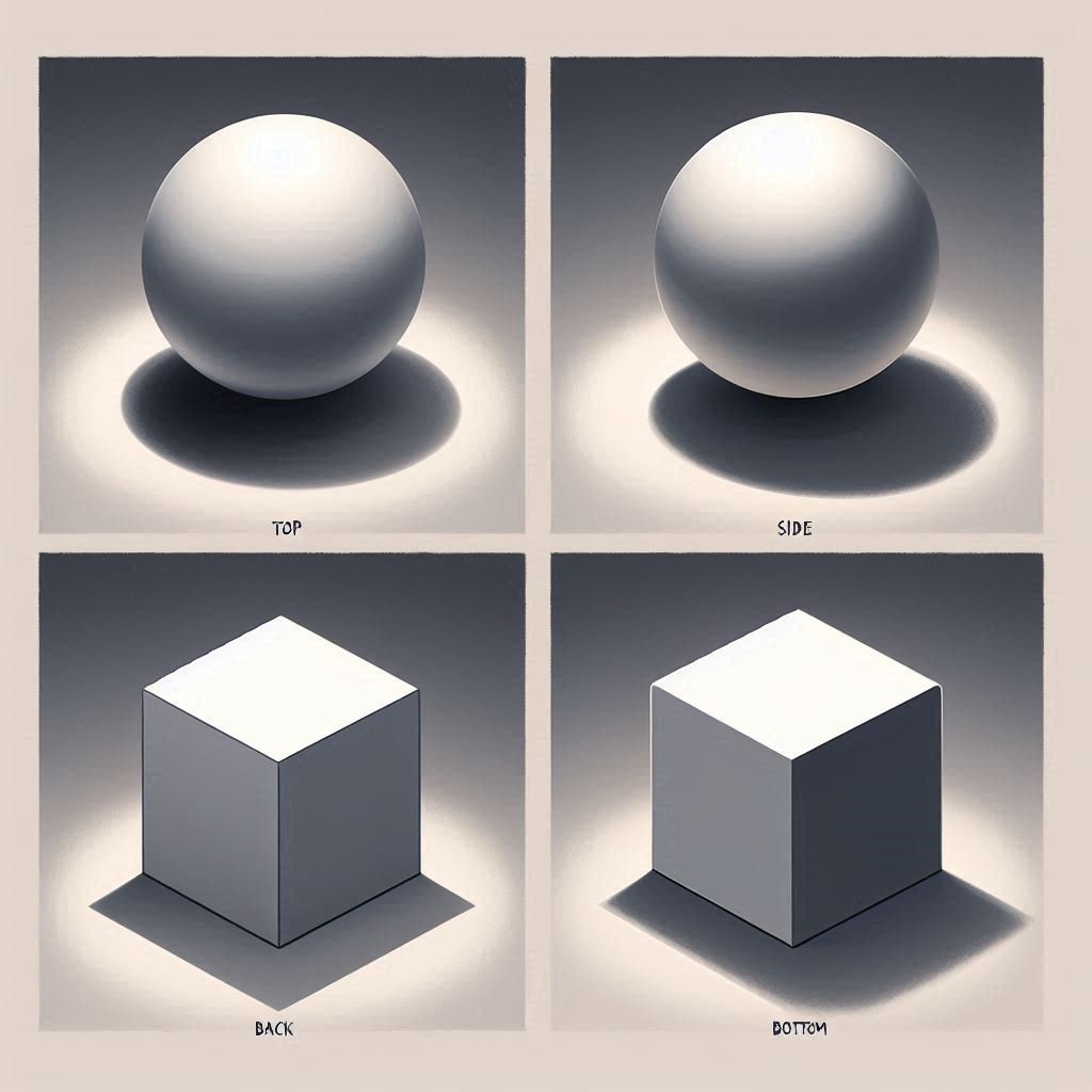 Four examples of 3D objects with different light directions in digital painting