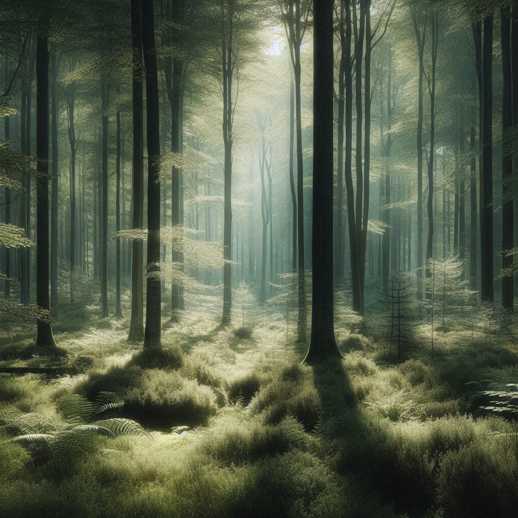 Peaceful forest scene with soft light and still trees