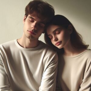 Two people sitting together with serene expressions, radiating peace and tranquility