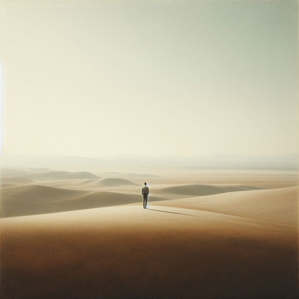 Distant human figure in an open landscape representing quiet reflection